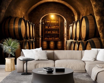 Puede incluir: Un interior de sala de estar con un sofá seccional y una mesa de café. La pared es un mural que representa una bodega de vino con barriles de madera apilados contra una pared de piedra. La bodega tiene una puerta que conduce a una habitación con estantes de botellas.