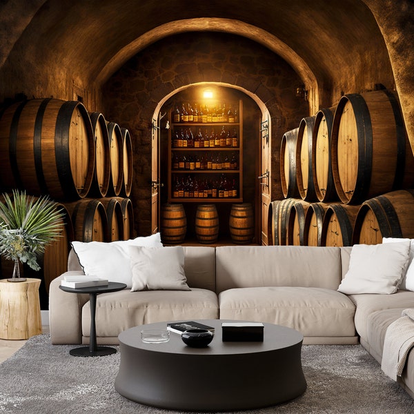 Winemaking Cellar & Wallpaper Wine Barrel Wall Art Mural Wine Cellar Vault Oak Barrel Beer Bottles Peel and Stick Decor Home Room