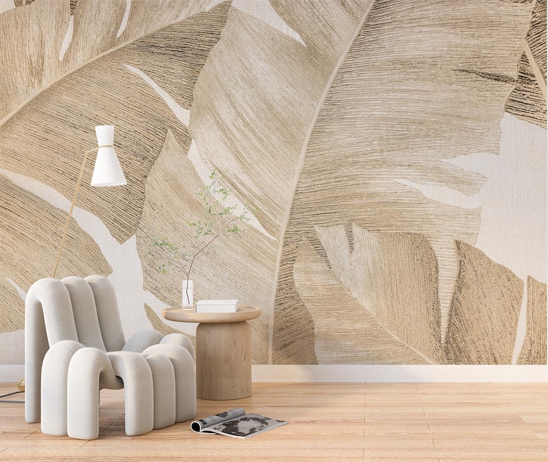 Banana Leaves Wallpaper Tropical Wall Mural Abstract Beige Banana Leaf ...