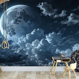 Night Sky Wallpaper Mural: Moon, Clouds, Stars (Peel and Stick)