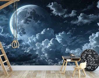 Night Sky Wallpaper Moon Clouds Wall Art Mural Moon Space and Stars Room Decor Peel and Stick Custom Size
