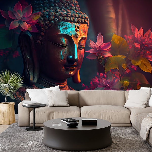 Flowers & Buddha Magic Wall Art Mural Wallpaper Flowers Floral Colorful Modern Natural Abstract Peel and Stick Decor Home Room Custom Size