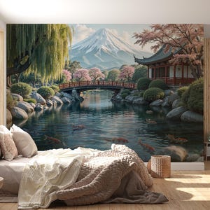 Japanese Nature Wallpaper Koi Wall Mural Japan Garden Wallpaper Peel and Stick Traditional Asian Nature Landscape Custom Size Wallpaper