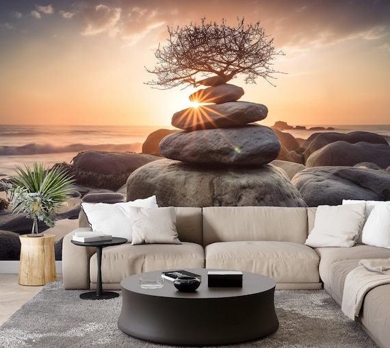 Meditation Tree on Stone Wallpaper & Wall Mural Zen Stones Balanced Relaxation Wall Art Deco Peel and Stick Decor Home Self Adhesive