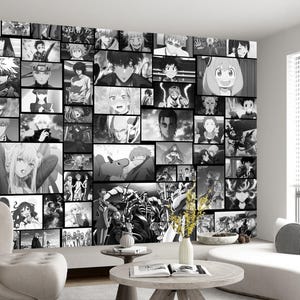 May include: A black and white collage of anime characters, featuring a variety of expressions and poses. The collage is displayed on a wall in a room with a window and furniture.