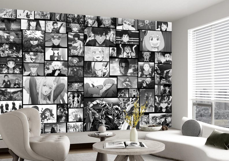May include: A black and white collage of anime characters, featuring a variety of expressions and poses. The collage is displayed on a wall in a room with a window and furniture.