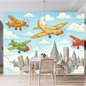 Cartoon Airplanes Wallpaper Over City Skyline Colorful Kids Aviation Wall Mural for Cafe, Kids’ Room Peel and Stick Clouds Room Decor Mural