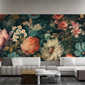 Peony Vintage Wallpaper Floral & Wall Mural Botanical Black Vintage Peony Floral Wall Art Peel and Stick Decor Home