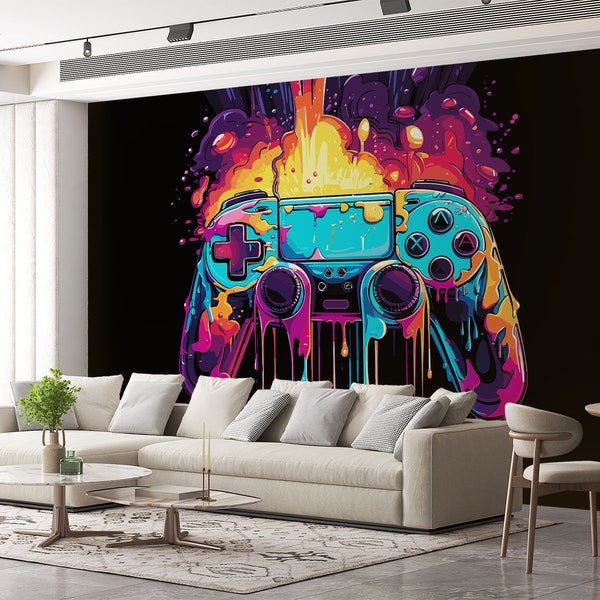 Play Games Wallpaper & Wall Art Mural Game Controller Art Deco Wallpaper Boys Teenage Room Peel and Stick Custom Size Video Game