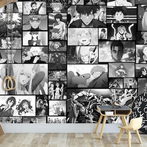 May include: A black and white collage of anime characters, including a girl with long hair, a boy with spiky hair, and a group of people standing together. The collage is framed by a black border and has a white background. The text "Home of the Cool Kids" is written in white on a black chalkboard.