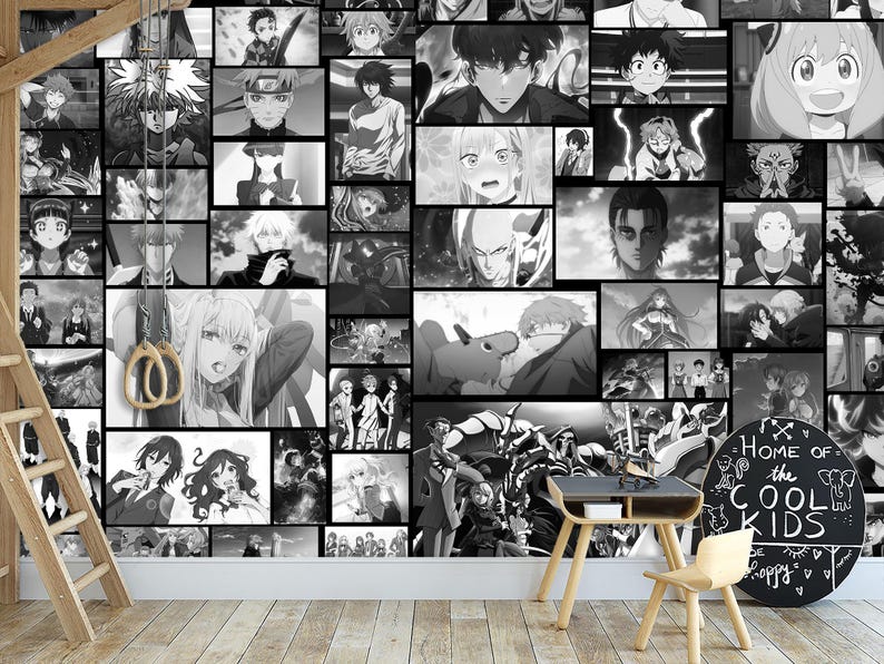 May include: A black and white collage of anime characters, including a girl with long hair, a boy with spiky hair, and a group of people standing together. The collage is framed by a black border and has a white background. The text "Home of the Cool Kids" is written in white on a black chalkboard.