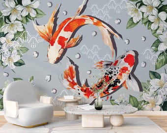 Behangschildering koivissen – Japanse bloemsierkunst, Peel and Stick