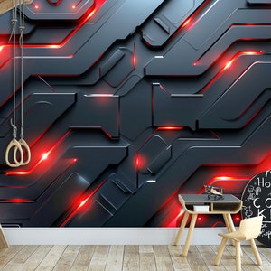 Carta da parati in stile cyber tecnologico, murale artistico techno, decorazione tecnologica hi-tech, sala giochi, sala giochi, giochi per adolescenti, stacca e attacca, dimensioni personalizzate