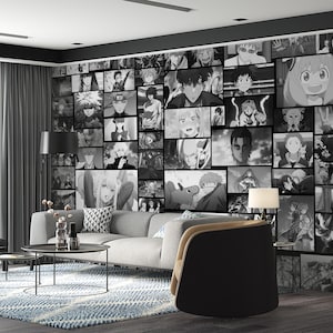 Anime Characters Wallpaper Black & White Wall Mural Famous Anime Aesthetic Collage Room Decor Game Japanese Manga Peel and Stick Playroom