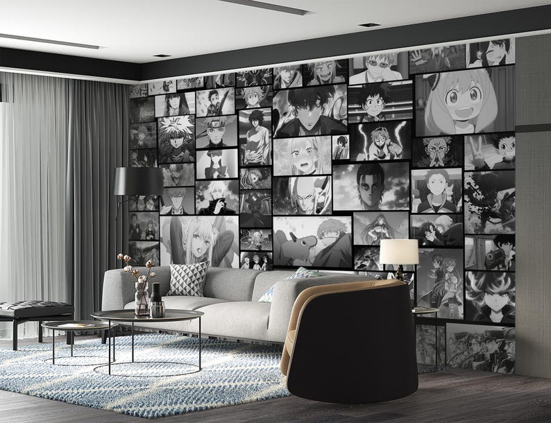 May include: Black and white anime character collage wallpaper mural. The mural features a variety of characters in different poses and expressions. The mural is printed on high-quality paper and is perfect for adding a touch of anime style to any room.
