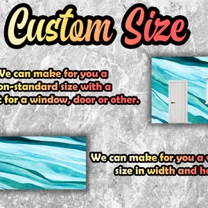 May include: Custom size wall mural with a blue and green abstract pattern. The image shows two examples of how the mural can be customized with cutouts for a window or door. The text "Custom Size" is displayed at the top of the image.