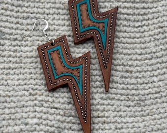 Handmade Leather Drop Earrings – Tooled Western Lightning Bolt