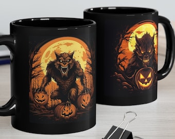 Werewolf Halloween Coffee Mug: Scary Werewolf and Jack O' Lantern Design
