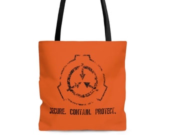 May include: Orange tote bag with black handles featuring a distressed black graphic of a gear-like symbol with arrows and the text "SECURE. CONTAIN. PROTECT." The bag is designed for carrying items.