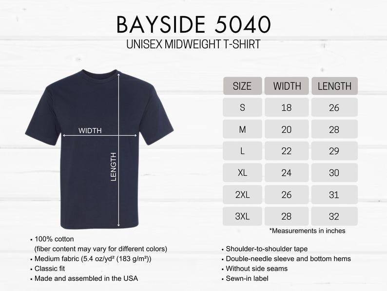 May include: A navy blue t-shirt with the text "BAYSIDE 5040 UNISEX MIDWEIGHT T-SHIRT" and a size chart showing width and length measurements in inches.