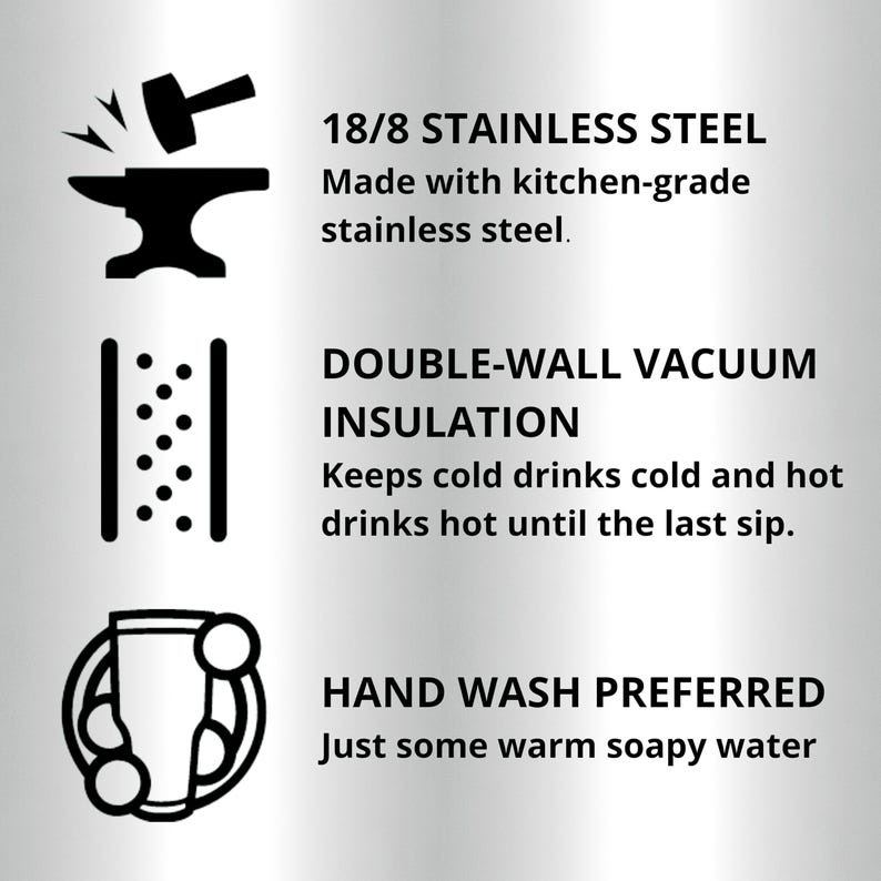 May include: Illustration of three features of a stainless steel water bottle. The first shows a hammer striking an anvil, representing durable construction. The second shows two parallel lines with dots between them, representing double-wall vacuum insulation. The third shows a bottle with a hand washing symbol, representing hand wash only.