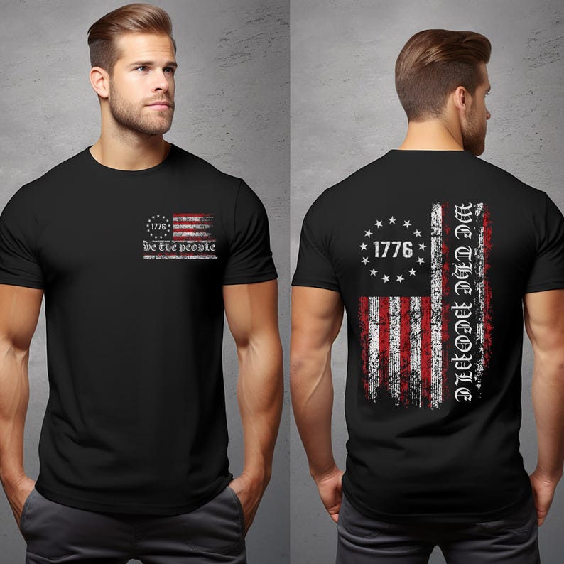 May include: Black t-shirt with a distressed American flag design on the back. The flag features the text "1776" and "We the People". The front of the shirt has a smaller version of the flag with the text "1776" and "We the People".