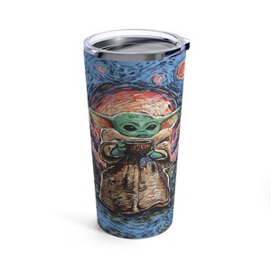 Grogu Starry Night Tumbler, Grogu Tumbler 20oz, The Mandalorian Tumbler, The Mandalorian Art, Grogu Mug, Baby Yoda Mug, The Child Mug image 3