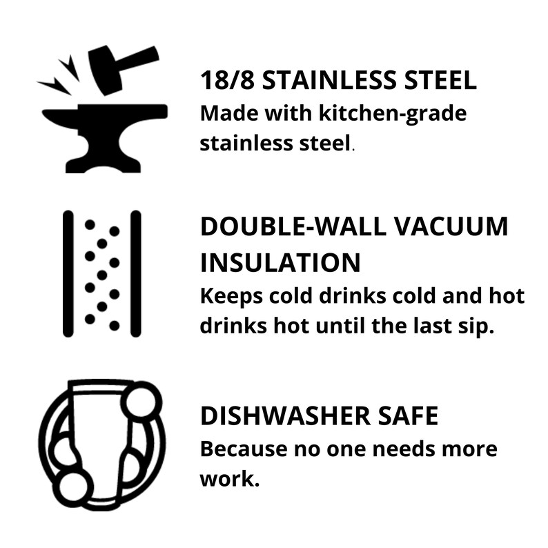 Op de afbeelding: Een zwart-witte illustratie van een hamer die op een aambeeld slaat, een dubbelwandige vacu&uuml;mge&iuml;soleerde container en een vaatwasserbestendig pictogram. De tekst luidt "18/8 RVS Gemaakt van voedselveilig roestvrij staal." "Dubbelwandige vacu&uuml;m isolatie Houdt koude dranken koud en warme dranken warm tot de laatste slok." "Vaatwasserbestendig Omdat niemand meer werk nodig heeft."