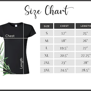 K&ouml;nnte beinhalten: Gr&ouml;&szlig;entabelle f&uuml;r ein T-Shirt mit Ma&szlig;en in Zoll f&uuml;r Brustumfang und L&auml;nge. Die Gr&ouml;&szlig;en umfassen S, M, L, XL, 2XL und 3XL.