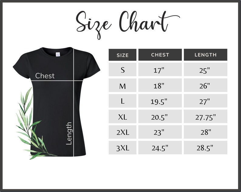 K&ouml;nnte beinhalten: Gr&ouml;&szlig;entabelle f&uuml;r ein T-Shirt mit Ma&szlig;en in Zoll f&uuml;r Brustumfang und L&auml;nge. Die Gr&ouml;&szlig;en umfassen S, M, L, XL, 2XL und 3XL.