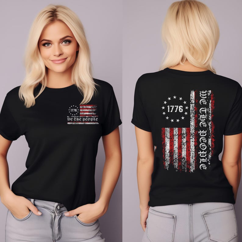 May include: Black t-shirt with a distressed American flag design. The front of the shirt features the text "1776 We the People" and the back of the shirt features the text "We the People 1776".