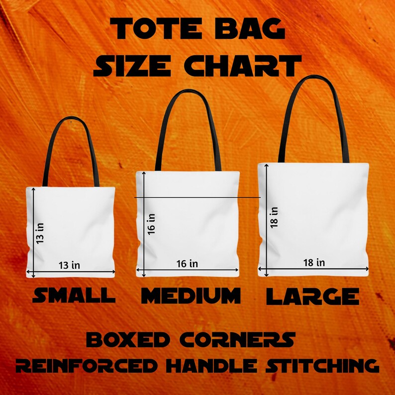 Puede incluir: Tabla de tallas para bolsa de mano con tres tama&ntilde;os diferentes: peque&ntilde;o, mediano y grande. Las bolsas son blancas con asas negras y esquinas reforzadas. Las medidas est&aacute;n en pulgadas.