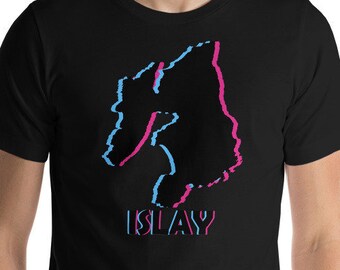 May include: Black t-shirt with a blue and pink graphic of a stylized figure and the word "ISLAY" underneath.