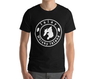 May include: A black t-shirt with a white circle graphic featuring the text "Islay Whisky Island" and a silhouette of the island.