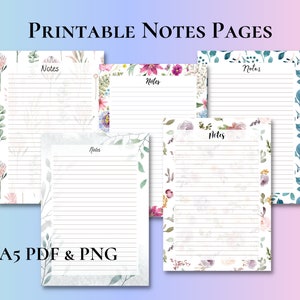May include: Four printable A5 note pages with floral borders. Each page has a lined background and the word "Notes" at the top.