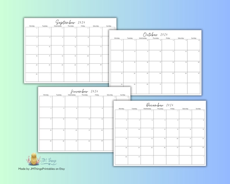 Printable 2024 Dated Monthly Calendars Blank Minimalist A4 Landscape ...