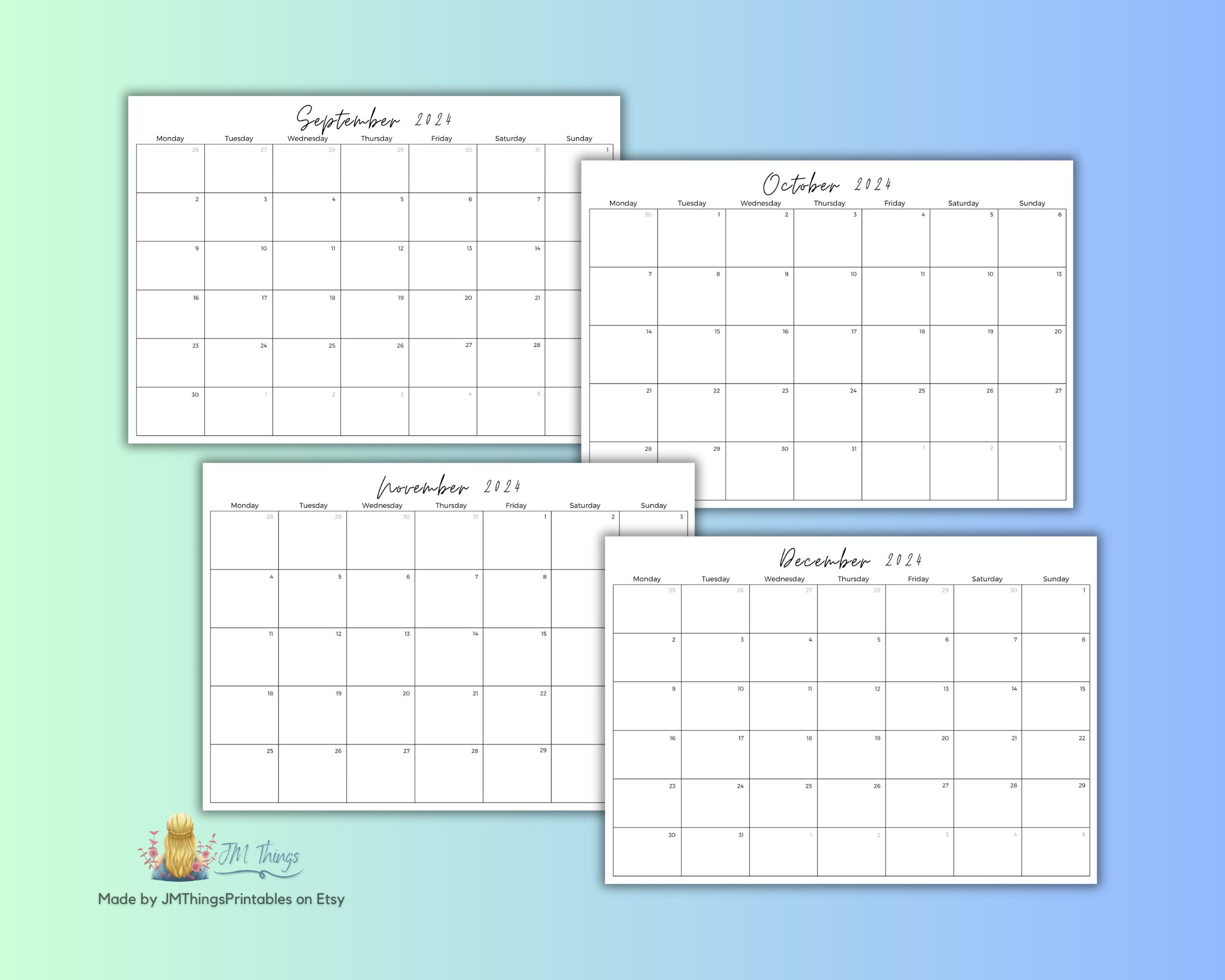 Printable 2024 Dated Monthly Calendars Blank Minimalist A4 Landscape ...