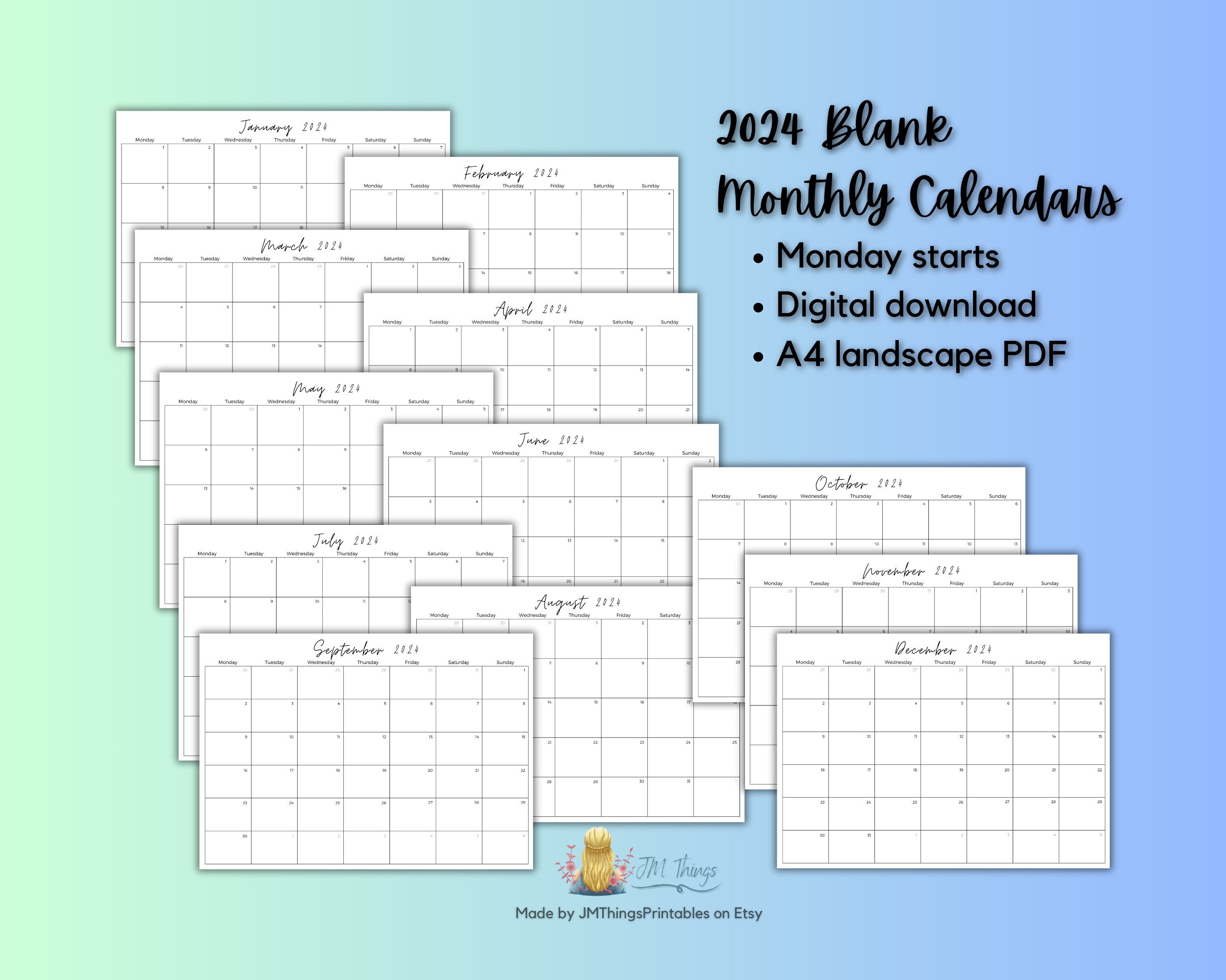 Printable 2024 Dated Monthly Calendars Blank Minimalist A4 Landscape ...