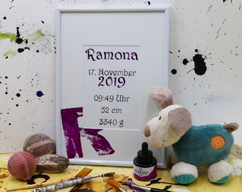 Gift Birth Date Unique incl. picture frame DIN A4 name dates of birth calligraphy girl boy baptism birthday personalized