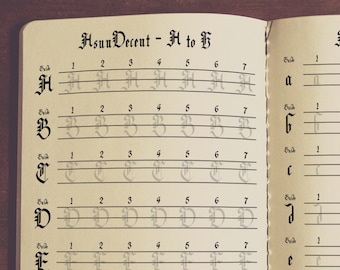 May include: An open notebook with lined pages for practicing Gothic lettering. The notebook is divided into two sections, one for practicing letters H to H and the other for practicing letters a to h. The notebook has the title "Gothic Letters for Adult" at the top and the words "Designer Hsun" at the bottom of each page.