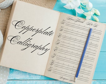 Kupferstich Kalligraphie Arbeitsblatt Set | Kupferstich-Alphabet-Übung mit Richtlinien | Handschrift Verbesserung | Kupferstich Nachzeichnung PDF