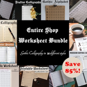 Pack complet de modèles de calligraphie gothique de la boutique | Feuille de pratique de lettre gothique Bundle | Bundle de feuilles de calcul imprimables pour les amateurs de polices gothiques