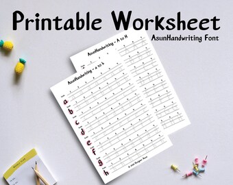 May include: Printable worksheet for practicing handwriting with the AsunHandwriting font. The worksheet features the lowercase letters a through h with lines for practicing each letter.
