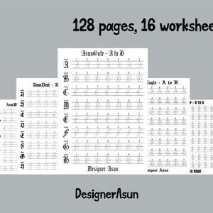 May include: A set of 16 printable worksheets for practicing calligraphy. Each worksheet features a different font style and includes the alphabet from A to Z. The worksheets are designed to help learners improve their handwriting skills.