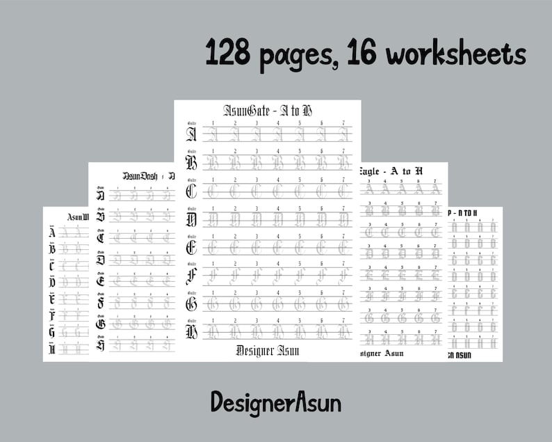 May include: A set of 16 printable worksheets for practicing calligraphy. Each worksheet features a different font style and includes the alphabet from A to Z. The worksheets are designed to help learners improve their handwriting skills.