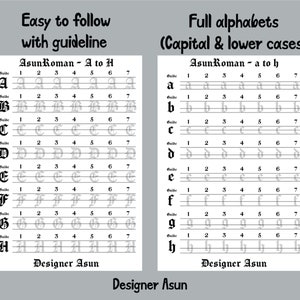 May include: A black and white printable worksheet with guidelines for practicing the uppercase and lowercase letters of the alphabet in a stylized font called AsunRoman. The worksheet includes a numbered guide for each letter.