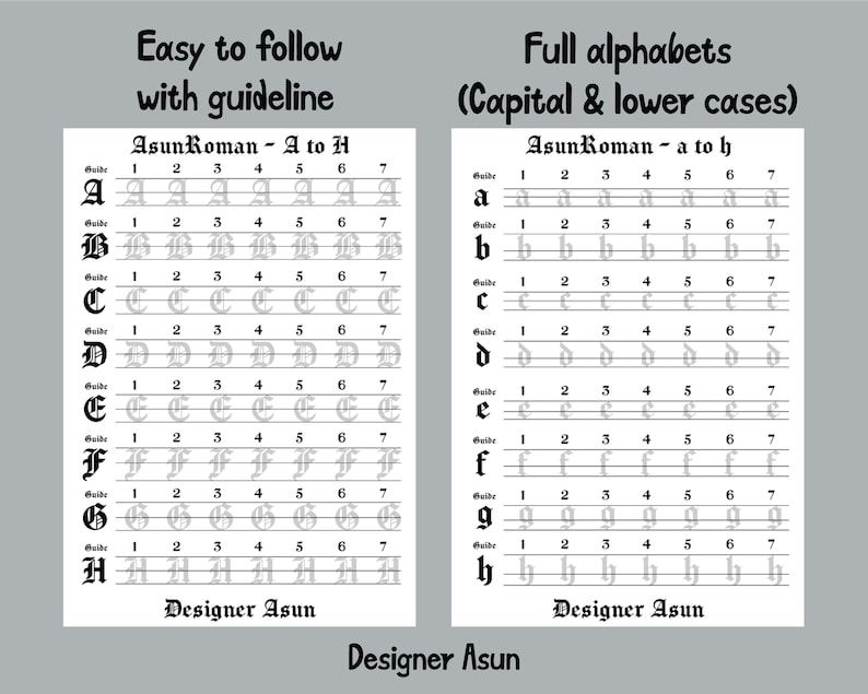 May include: A black and white printable worksheet with guidelines for practicing the uppercase and lowercase letters of the alphabet in a stylized font called AsunRoman. The worksheet includes a numbered guide for each letter.