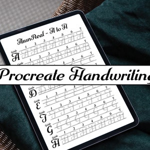 Puede incluir: Una pantalla de tableta digital que muestra una hoja de trabajo de escritura a mano de Procreate con guías para practicar letras cursivas de la A a la H. La hoja de trabajo incluye líneas numeradas para trazar y un título que dice "AsunReal - A to H".