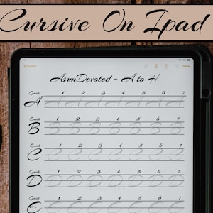 May include: A close-up of an iPad screen displaying a cursive handwriting practice worksheet. The worksheet is titled "Asun Devoted - A to H" and features practice lines for writing the letters A, B, C, D, and E. Each letter has seven practice lines with numbers 1 through 7.