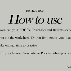 May include: A black and white image with the text "INSTRUCTION How to use" at the top. The text below the heading provides instructions on how to use a PDF file, including downloading, printing, and practicing. The text also suggests listening to YouTube or podcasts while practicing. The image includes the text "DesignerAsun Your Favorite Fonts" at the bottom.